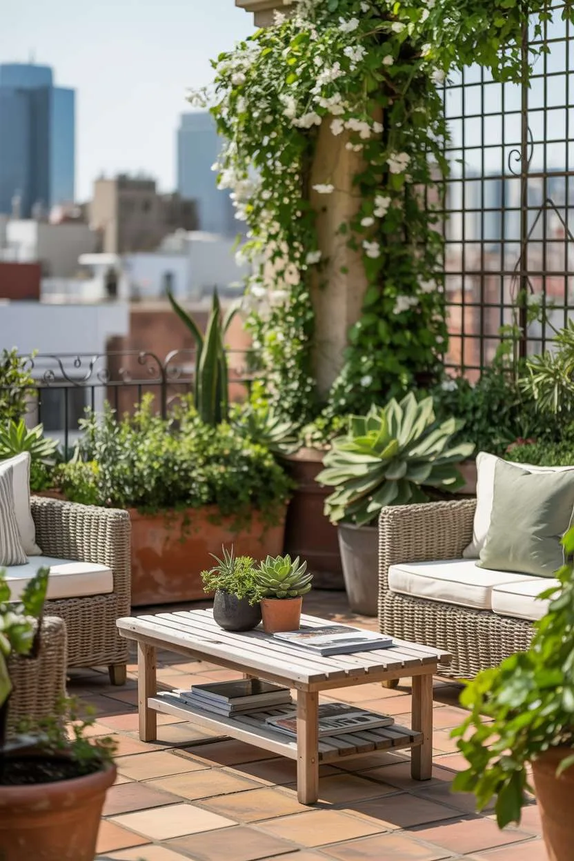 Rattan seating around wooden coffee table with climbing jasmine on trellis, terracotta planters, and city view through iron railing