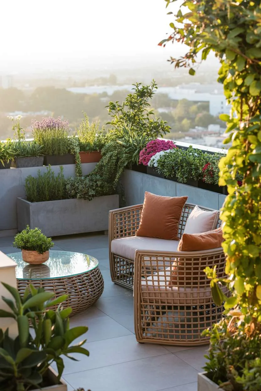 Rattan seating with glass-top table surrounded by concrete planters with lavender, rosemary, and trailing vines on rooftop