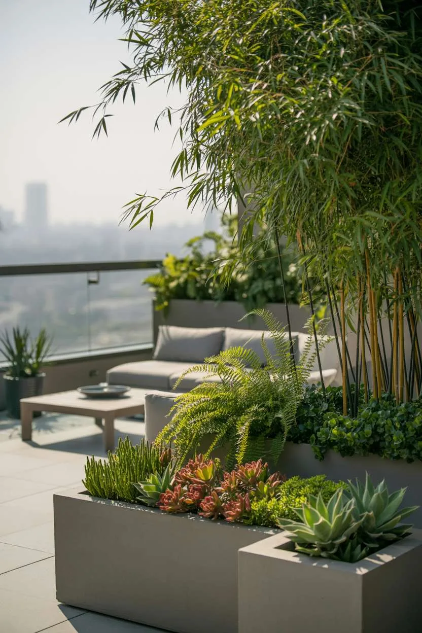 Gray lounge chairs and wooden table surrounded by geometric arrangements of bamboo, ferns, and succulents with glass railing