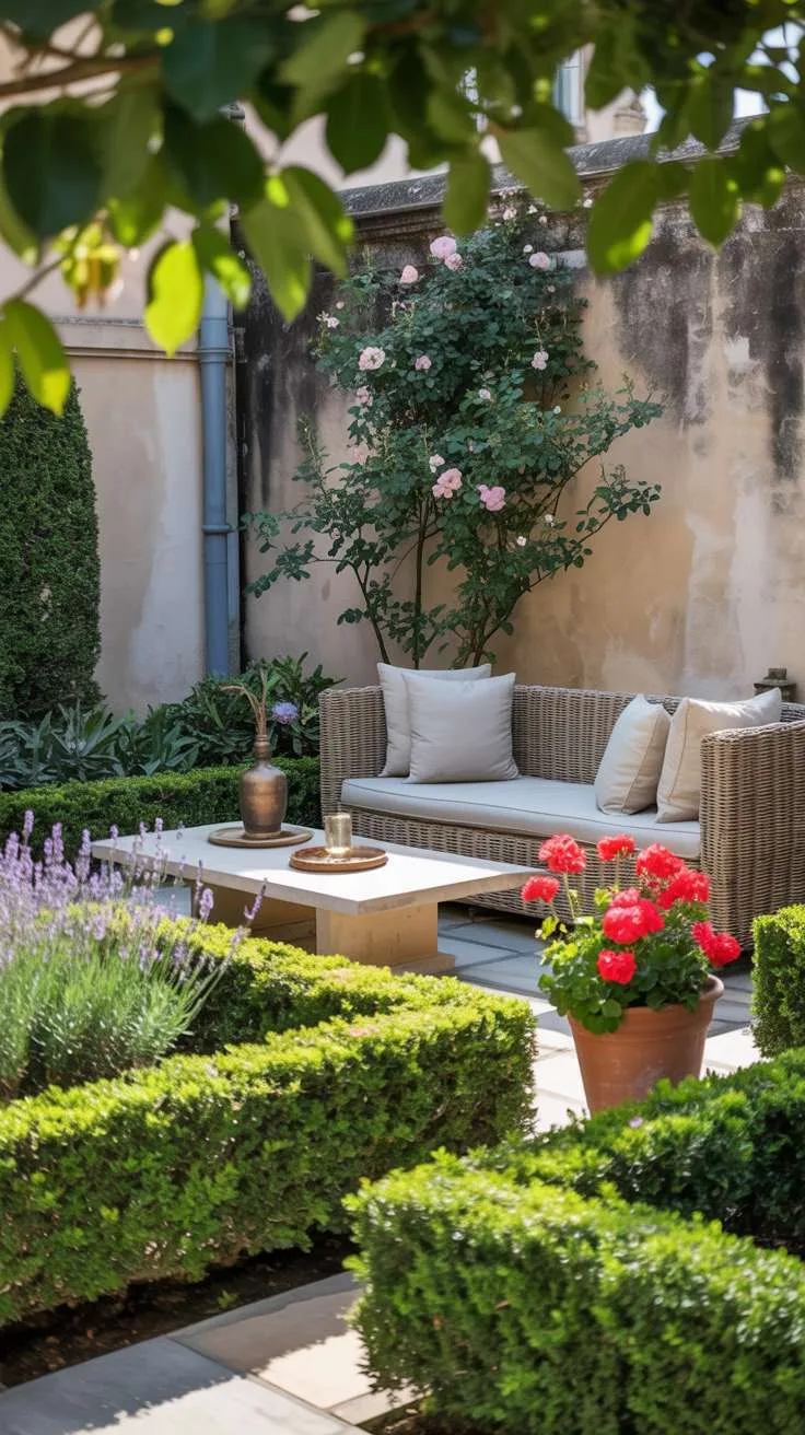 Geometric boxwood hedges with lavender and red geraniums in terracotta pots, rattan sofa around stone coffee table