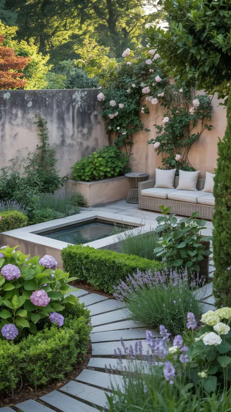 Multi-tiered garden with stone path through hydrangeas, lavender, and roses, wicker seating near rectangular reflecting pool