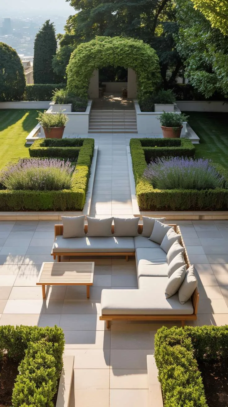 Gray sectional sofa with white cushions and teak coffee table surrounded by boxwood hedges, lavender, and ivy planters overlooking cityscape