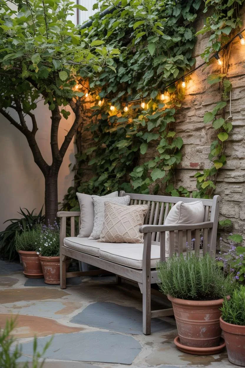 Wooden bench nestled against ivy-covered stone wall illuminated by string lights