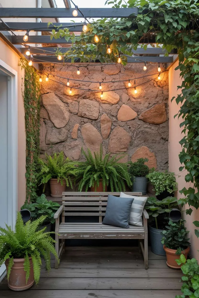 Wooden bench surrounded by ferns beneath a pergola adorned with string lights