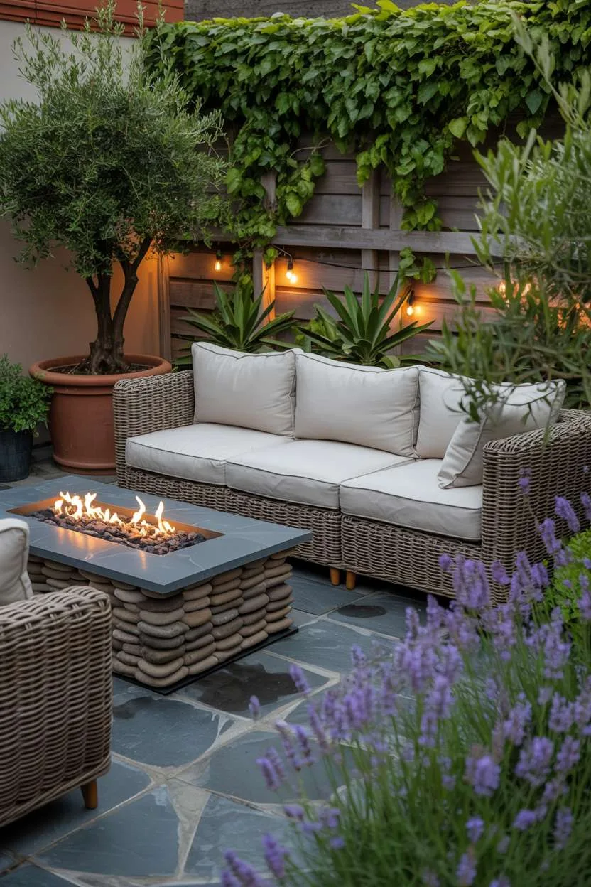 Rattan sectional sofa encircling a modern fire pit surrounded by olive trees and lavender