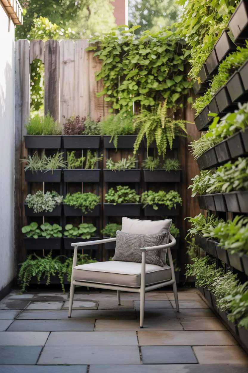 Modern white armchair facing a lush vertical garden wall with stacked planters