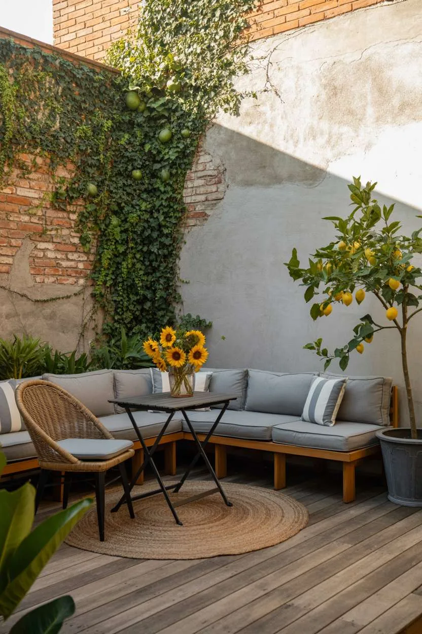 Grey sectional sofa and bistro table on wooden deck with climbing ivy and lemon tree