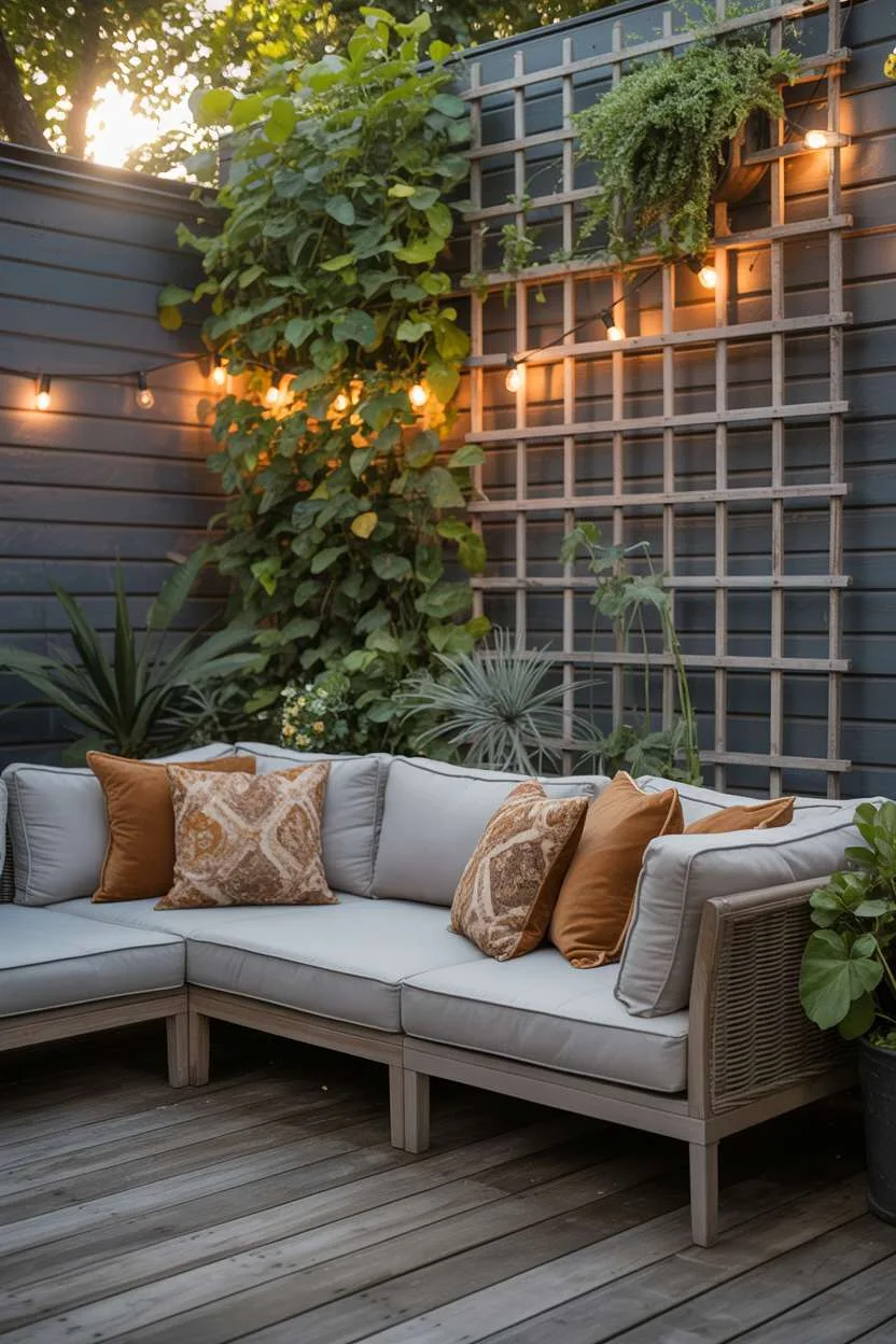 Light grey sectional sofa on wooden deck with vertical garden wall and fairy lights