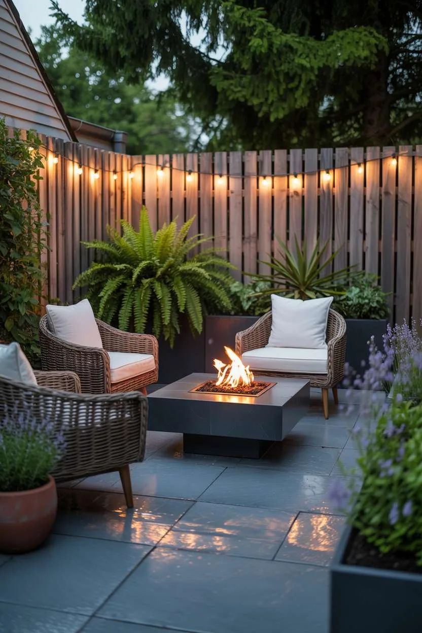 Dark stone patio with minimalist fire pit and wicker chairs surrounded by ferns