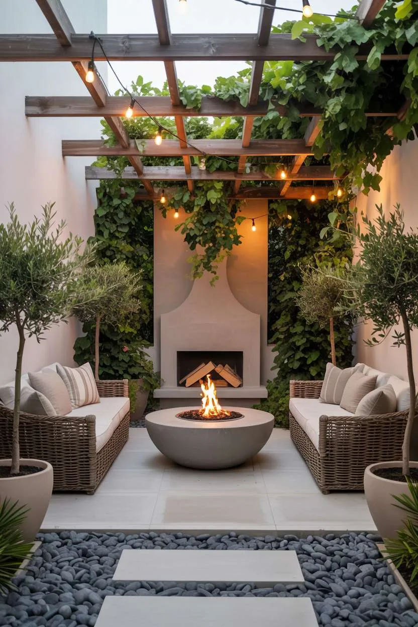 Modern stone fire pit with lounge chairs on grey pebbles under wooden pergola