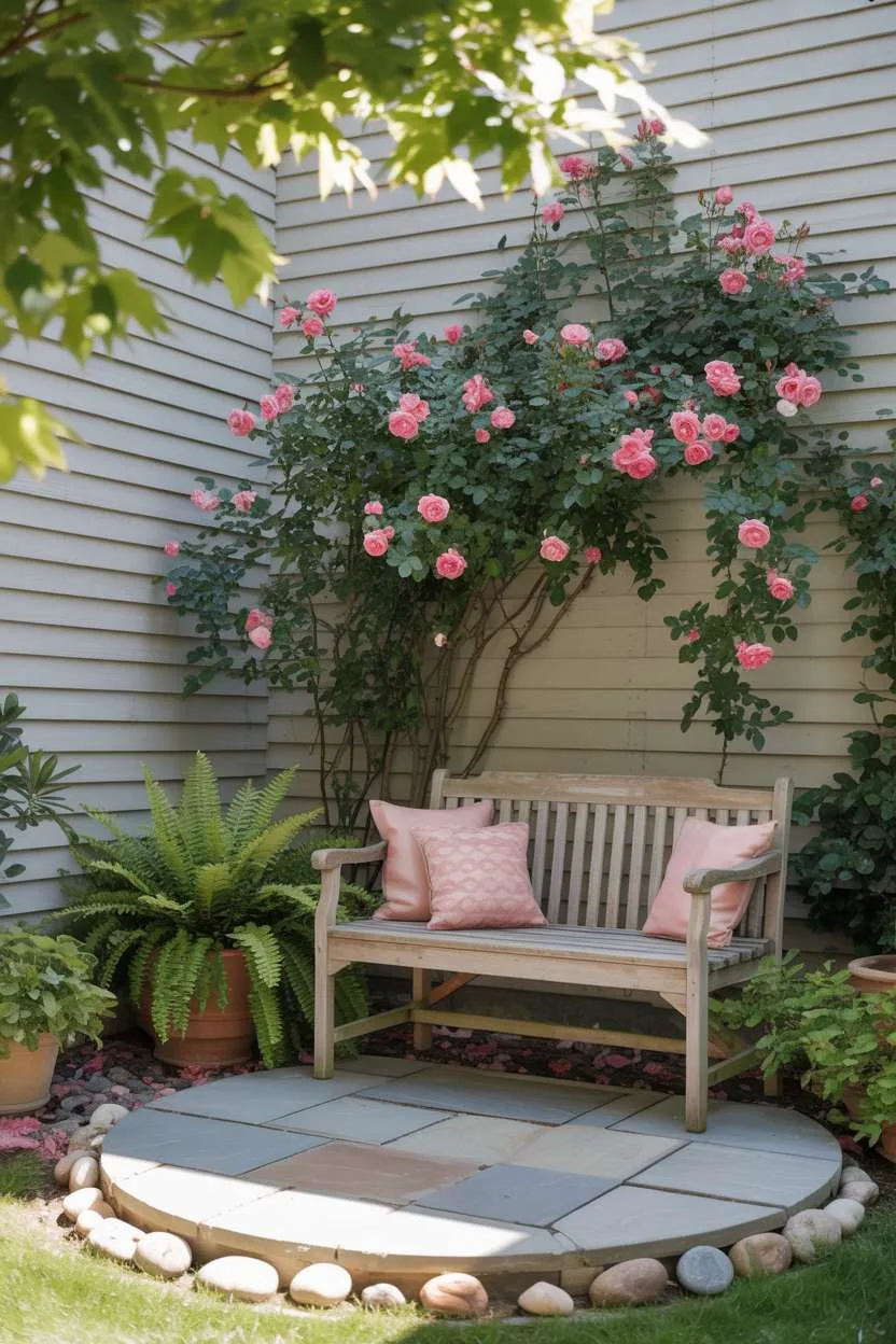 Wooden bench beneath climbing pink rose bush on circular stone patio