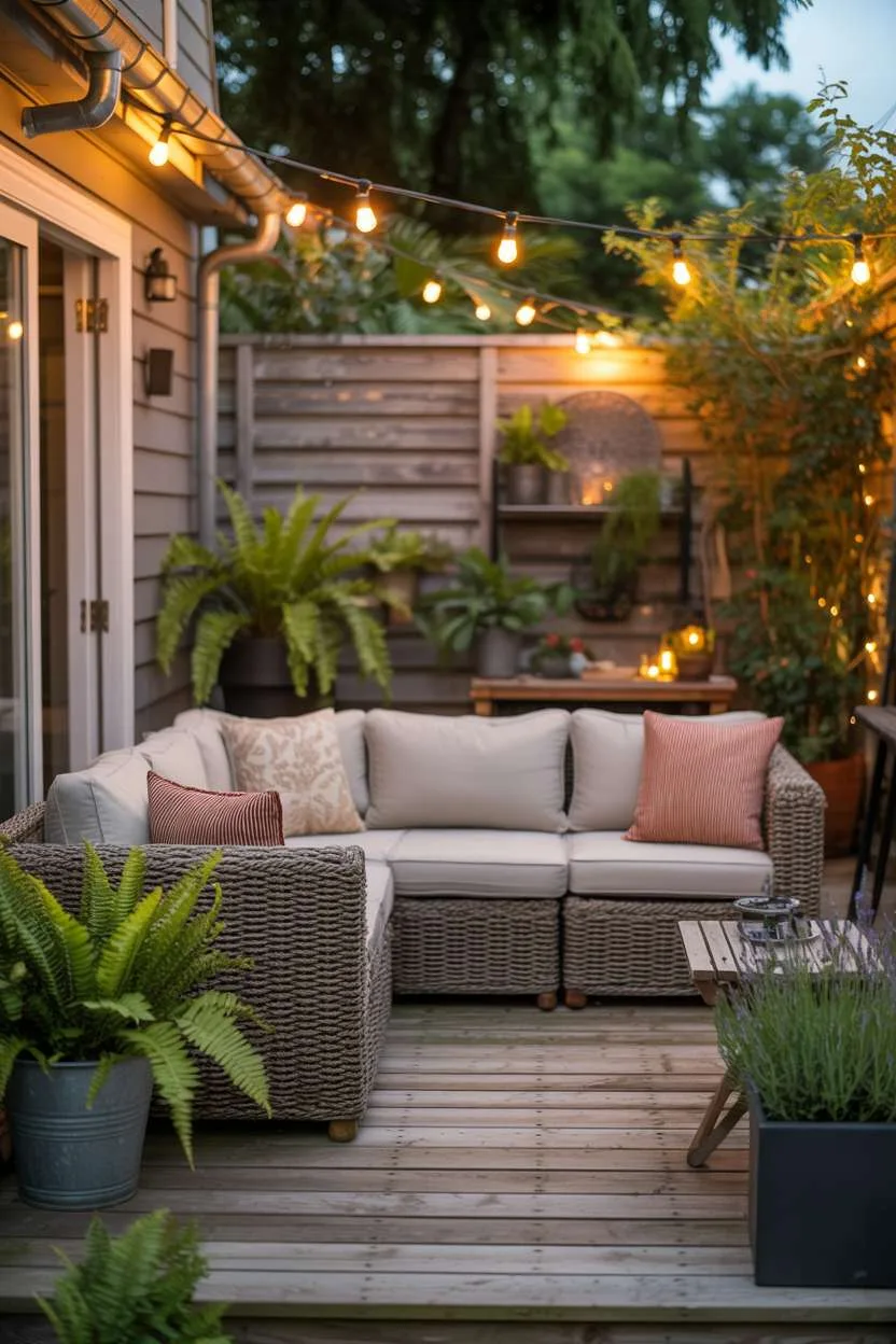 Grey sectional sofa on wooden deck with potted plants and overhead string lights