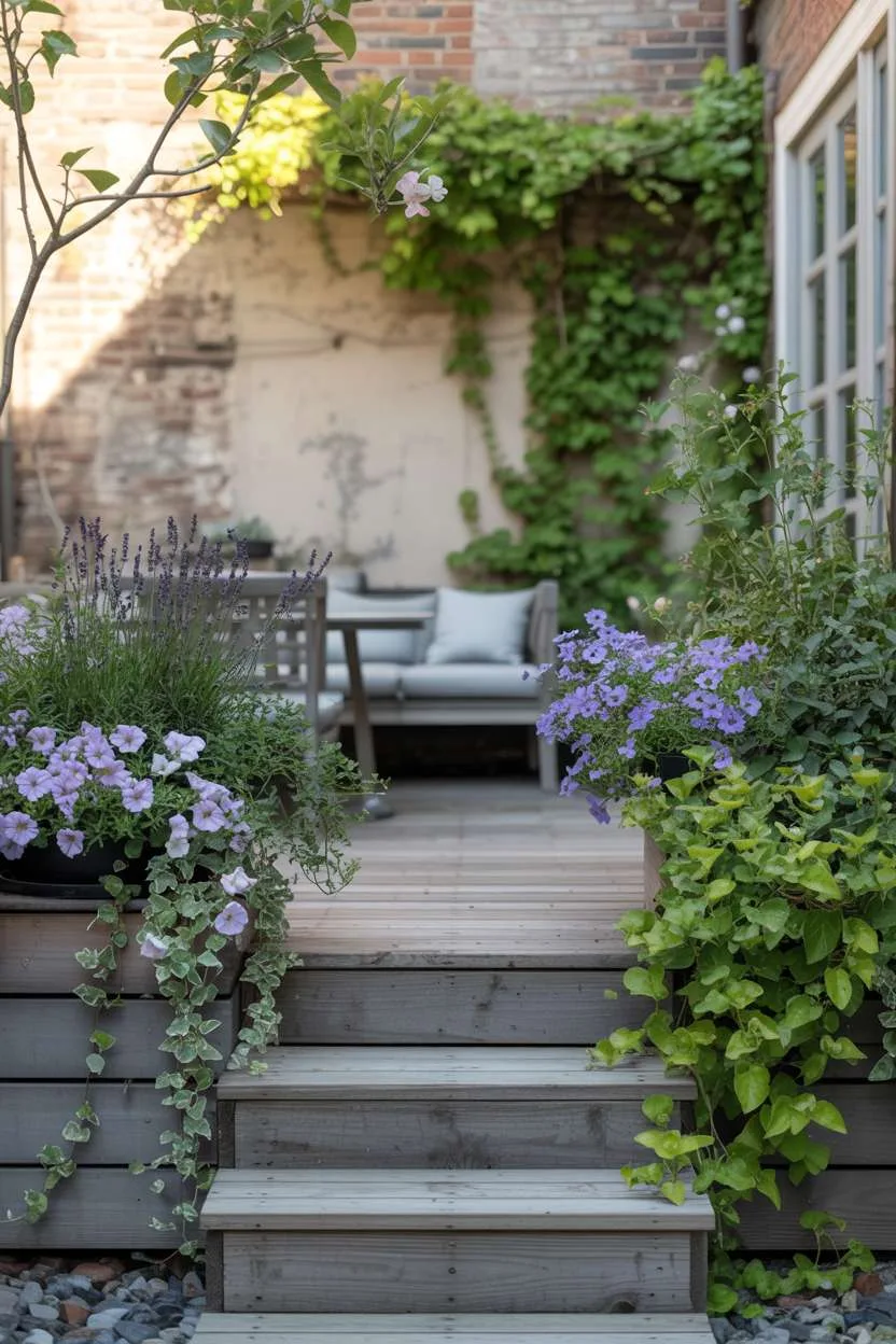 Wooden deck with overflowing planters filled with lavender, petunias, and trailing ivy