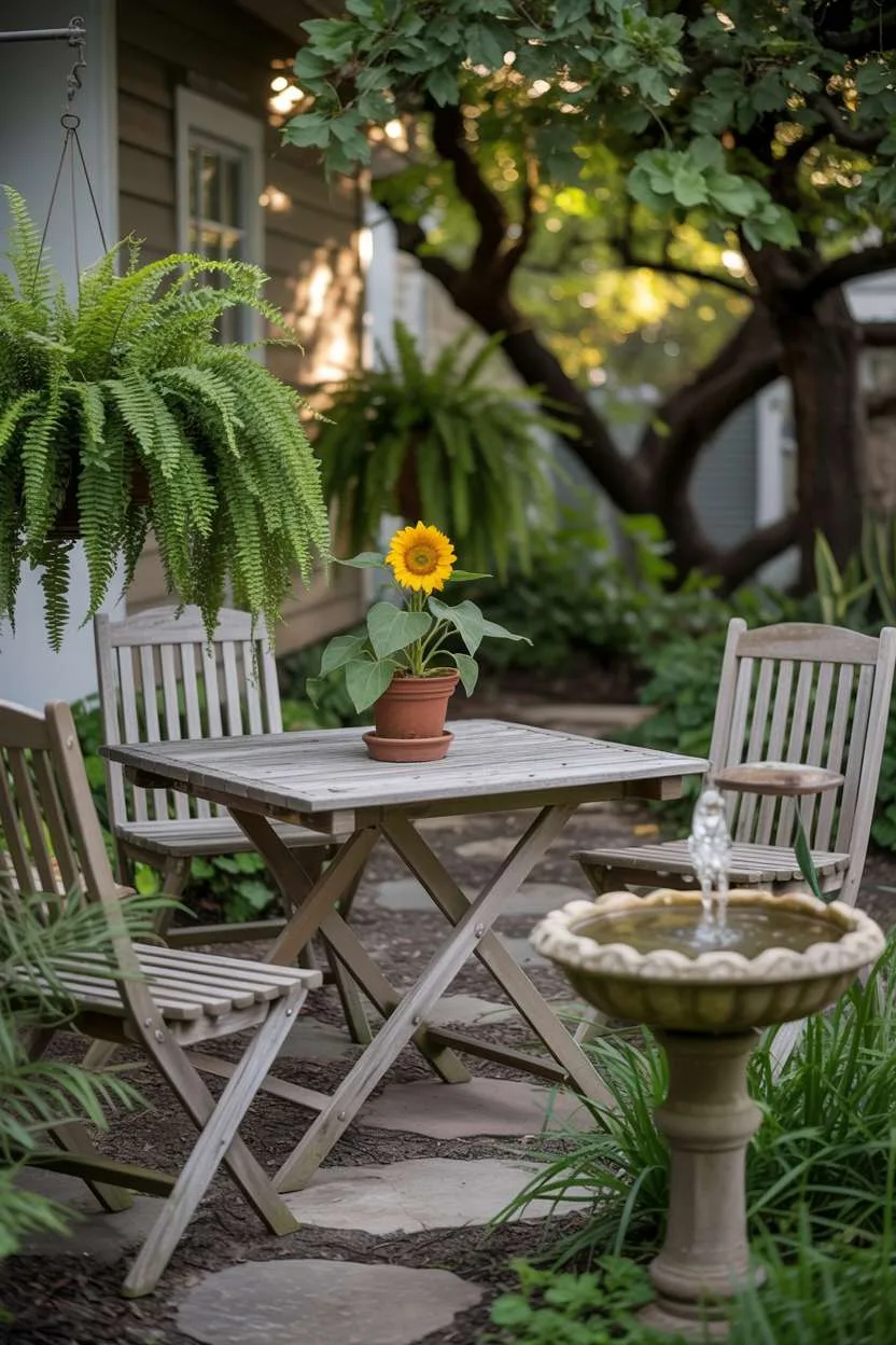 Wooden patio table with terracotta sunflower pot, hanging ferns, and birdbath