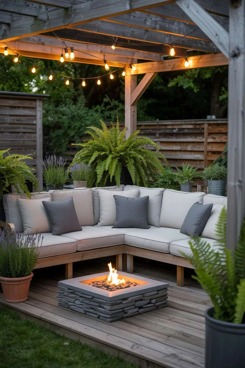 Cream sectional sofa facing minimalist fire pit made of stacked river stones