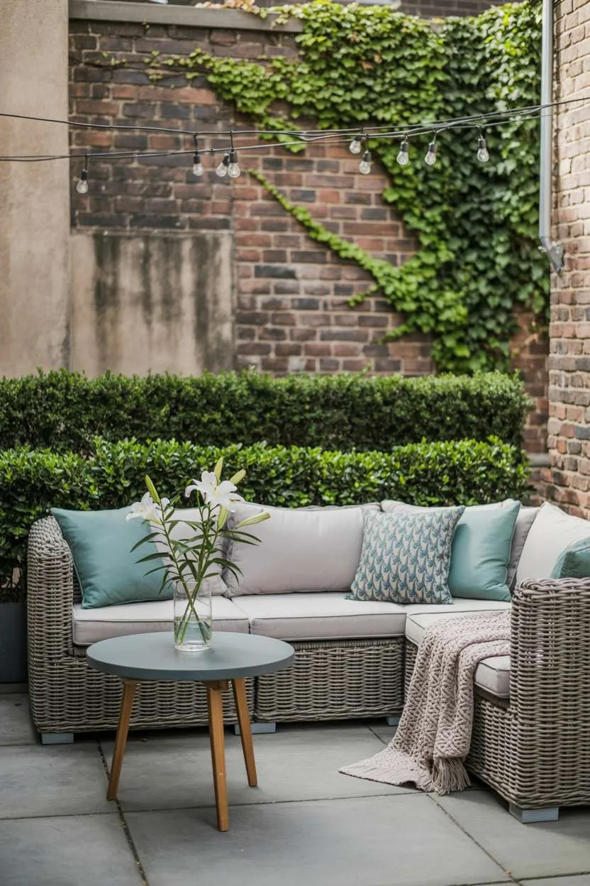 Light grey wicker sectional with teal throw pillows and round wooden table