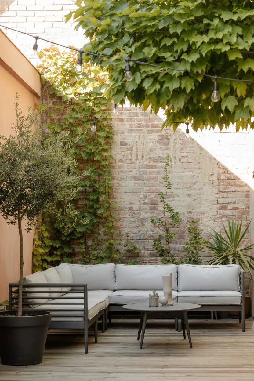 Light grey sectional sofa with circular coffee table, olive tree, and Edison bulb string lights