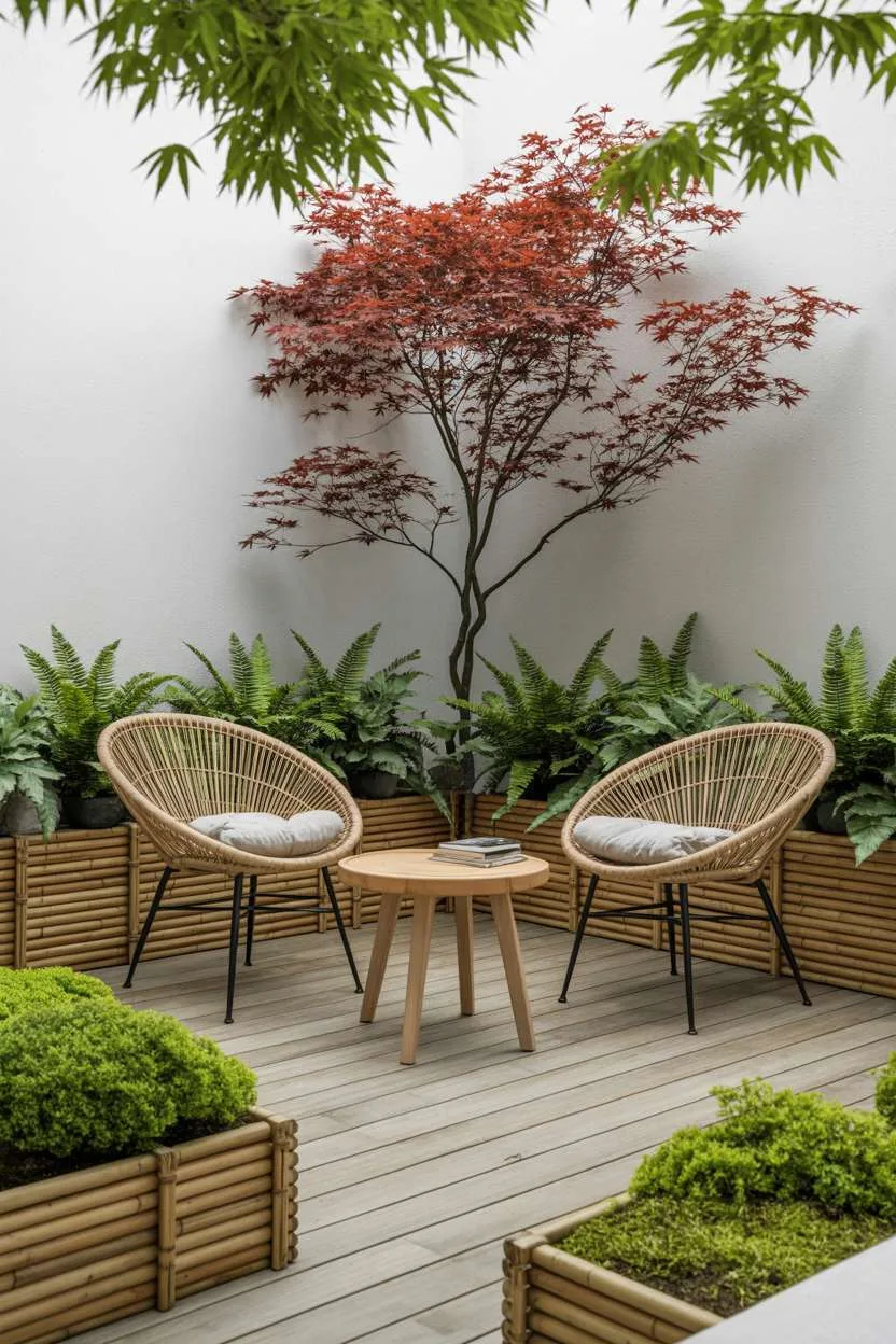 Minimalist teak table and rattan chairs on wooden deck with bamboo planters and Japanese maple