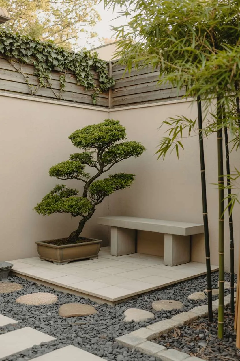 Rectangular stone patio with bonsai tree, concrete bench, and raked gravel garden