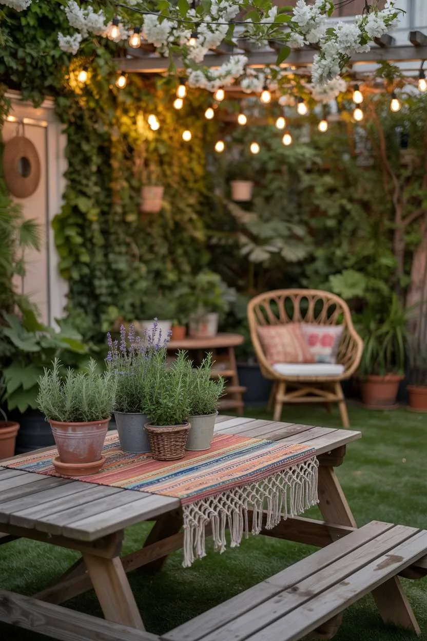 Wooden picnic table with macrame tablecloth and potted herbs surrounded by string lights