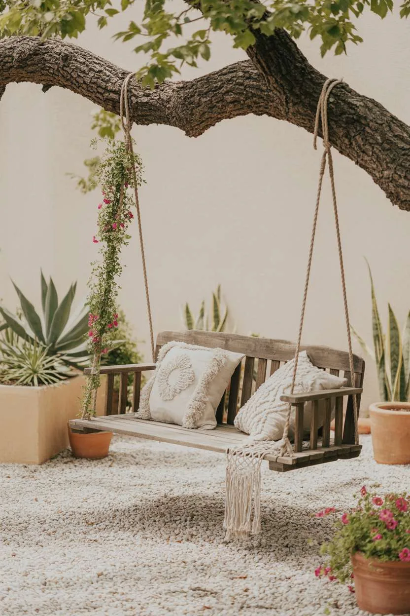 Wooden swing with macrame details and patterned cushions hanging from oak tree