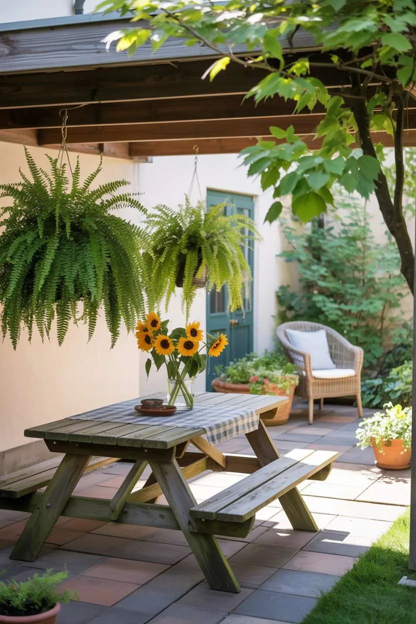 Wooden picnic table with checkered tablecloth and sunflower vase