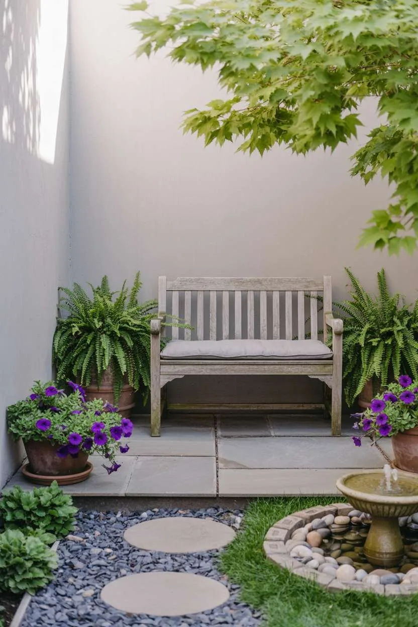 Wooden bench with grey cushion on flagstone patio near bubbling fountain