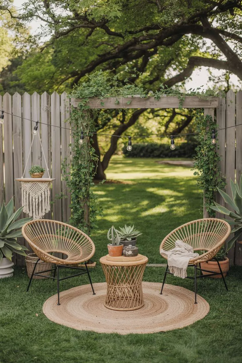 Circular seating area with rattan chairs and wooden table on jute rug