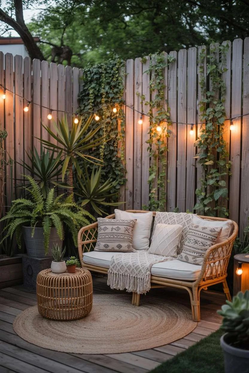 Rattan sofa with patterned pillows and macrame blanket on woven rug under fairy lights