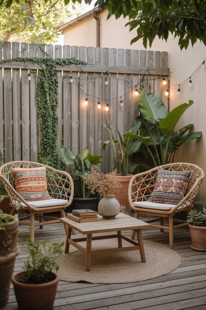 Circular seating area with rattan chairs, wooden coffee table with vintage books and dried flowers