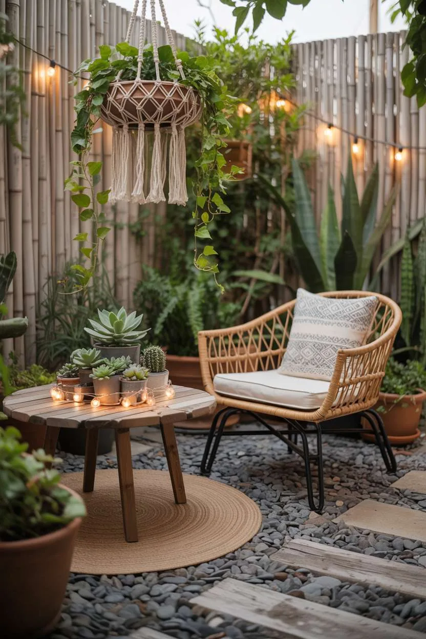 Rustic wooden table with rattan chair and macrame hanging planter on river stones