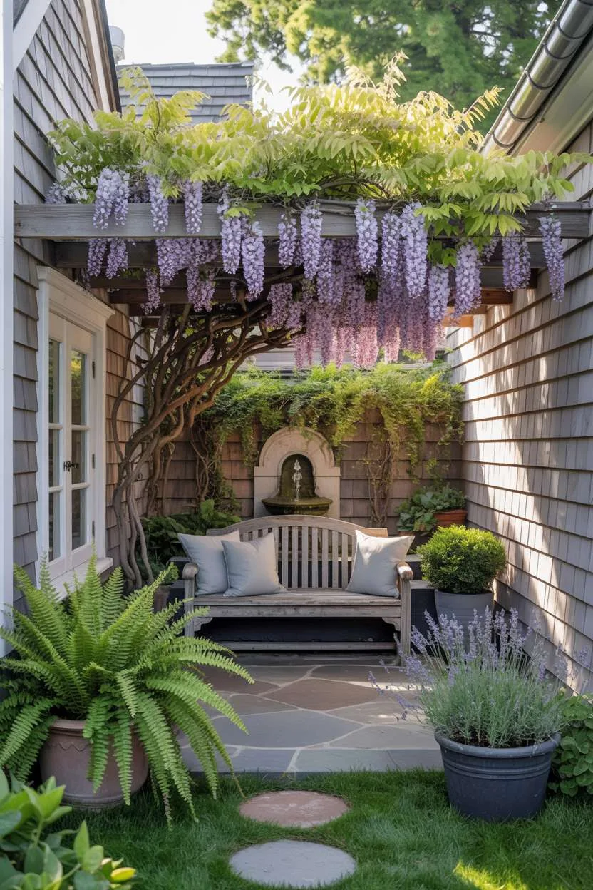 Wooden bench beneath cascading purple wisteria flowers on flagstone patio with fountain
