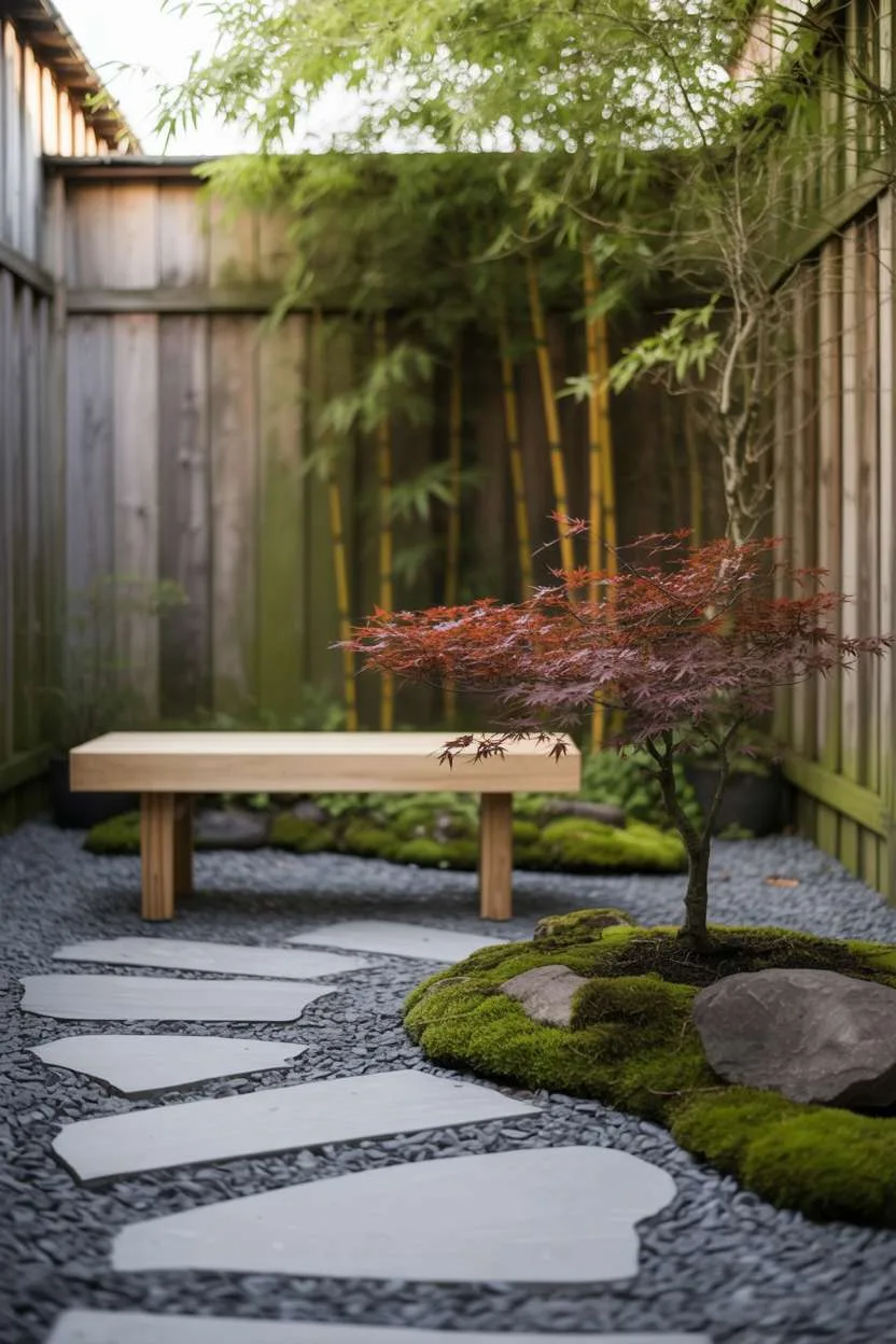 Grey stone pathway through raked gravel garden with moss-covered rocks and bonsai maple