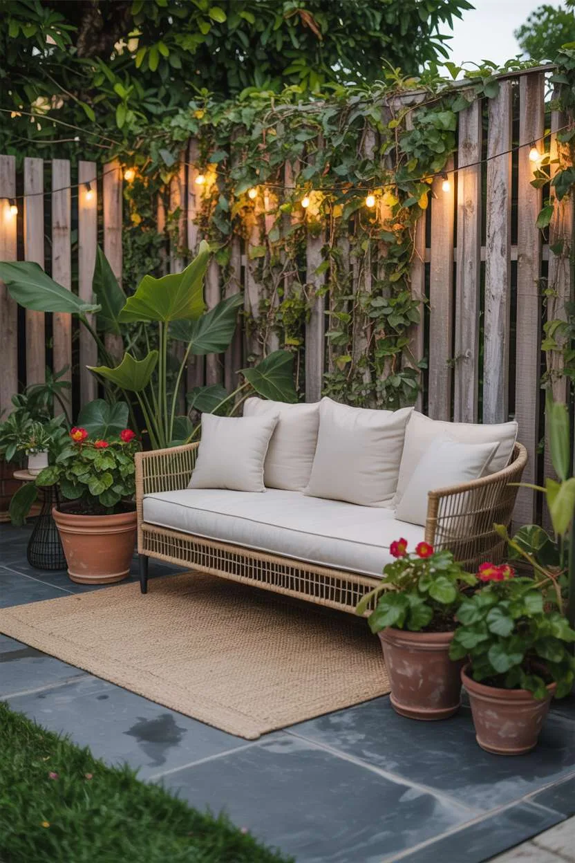 Woven outdoor sofa with potted plants and string lights creating cozy patio atmosphere