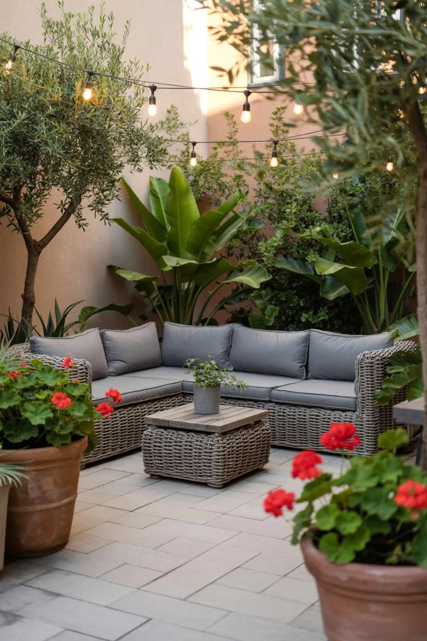 Rattan sectional sofa with grey cushions and potted plants on light stone patio