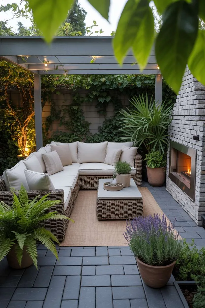 Woven sectional sofa facing stone fireplace under wooden pergola with climbing plants
