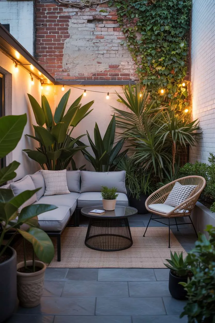 Grey sectional sofa with glass coffee table and mixed seating on patio with climbing ivy