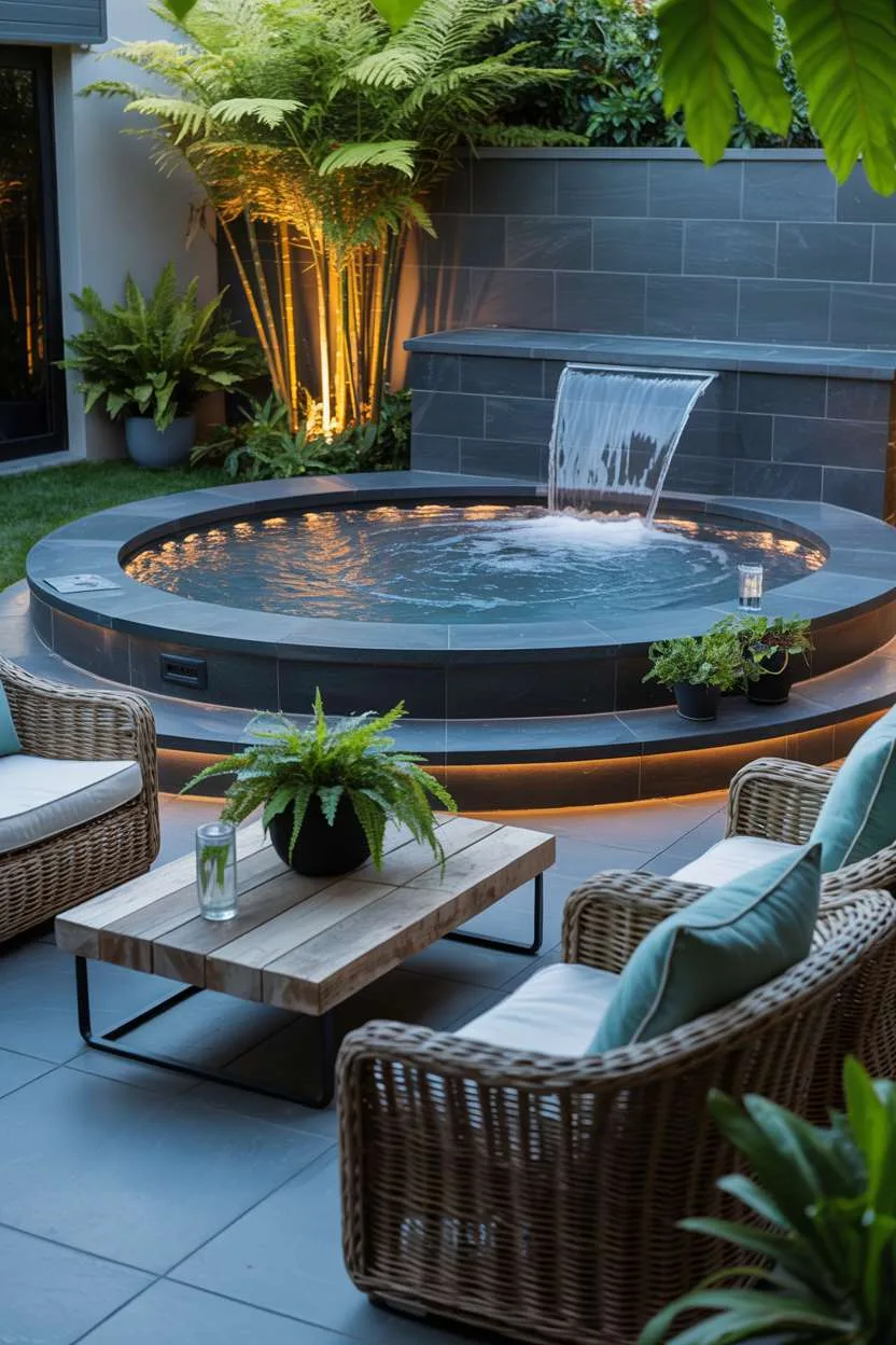 Minimalist covered patio with sectional sofa and wooden pergola with string lights