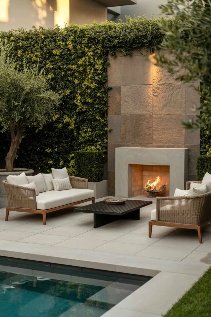 Rectangular infinity pool with modern lounge chairs and outdoor fireplace on concrete patio