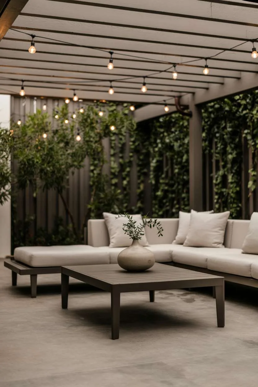 Modern covered patio with glass doors and geometric fire pit integrated with house