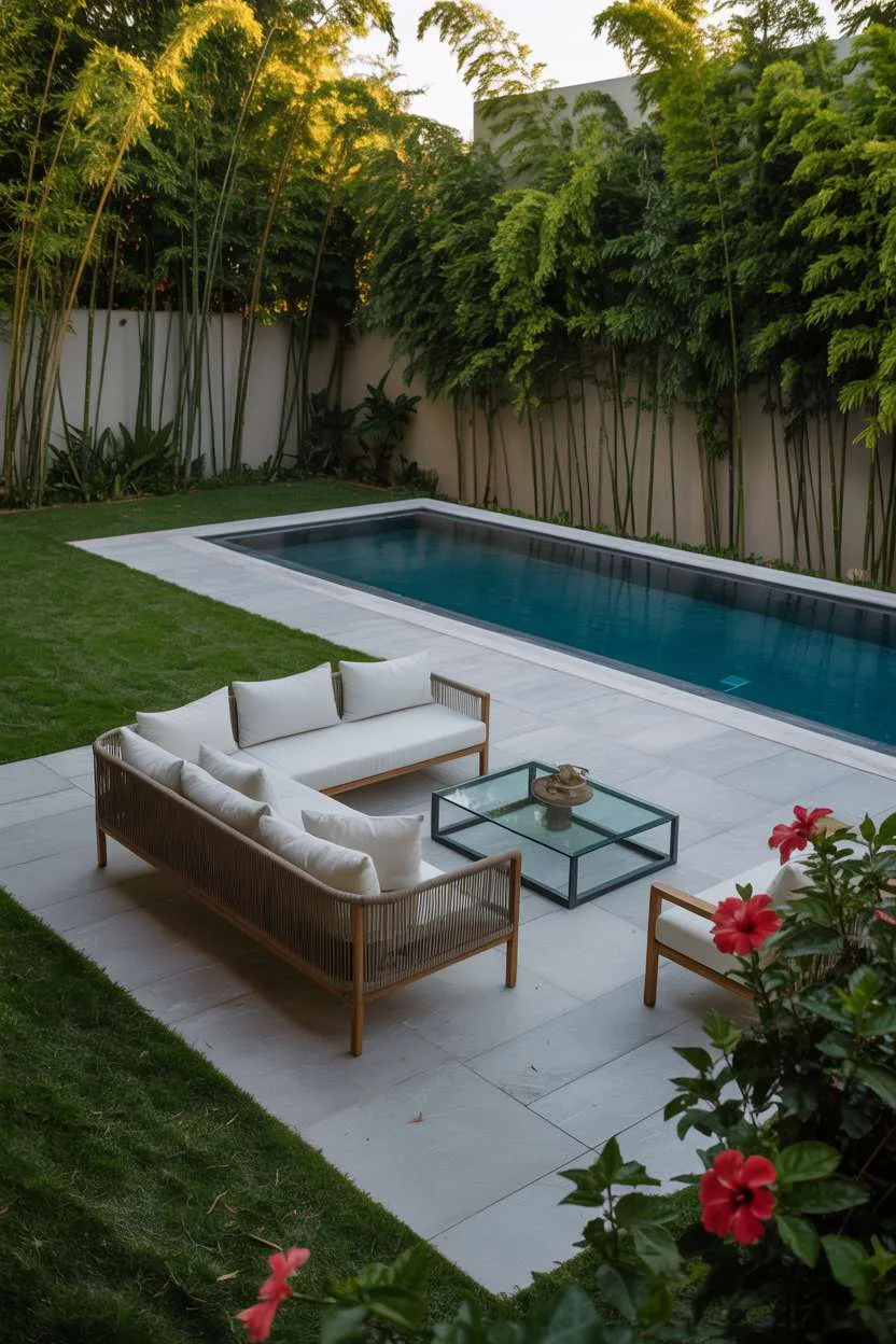 Circular hot tub with slate surround and comfortable seating area with ferns