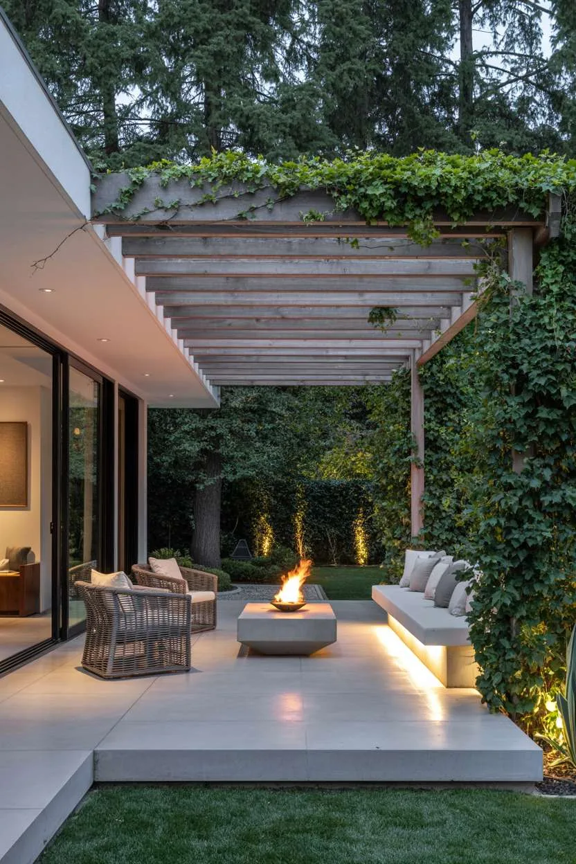 Covered patio with rattan furniture and string lights connected to manicured lawn