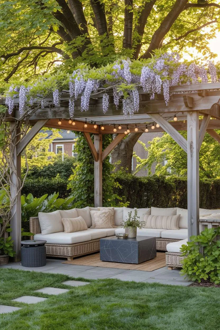 Modern pergola with wisteria vines over sectional sofa on warm stone patio