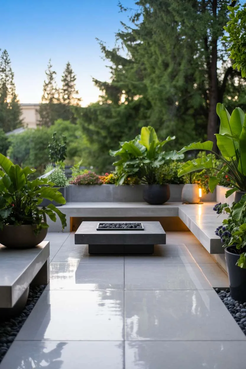 Modern concrete patio with square fire pit and deep teal lounge chairs