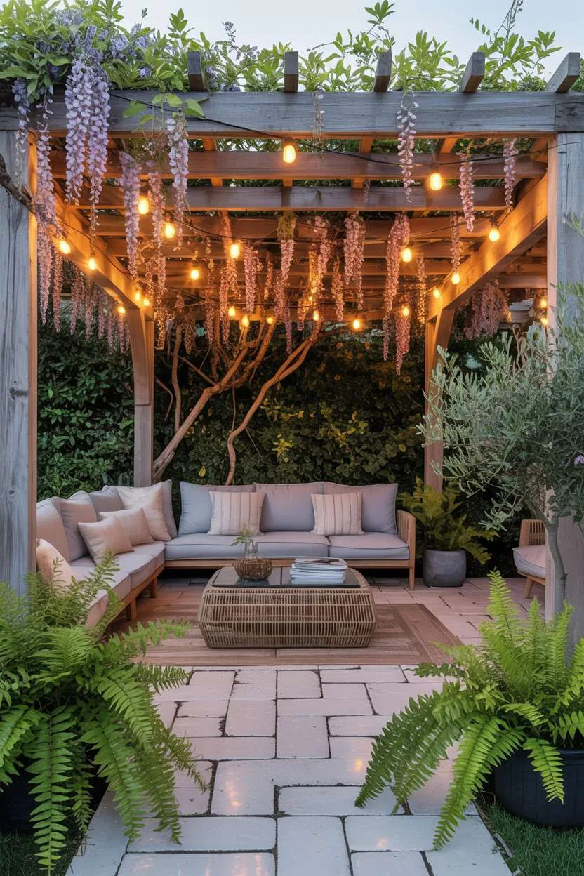 Weathered pergola with white wisteria over sectional sofa on terracotta tile patio