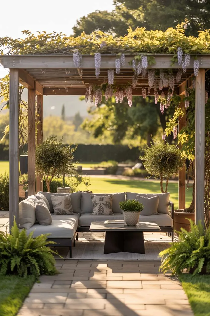 Rustic pergola with wisteria over grey seating area on flagstone patio