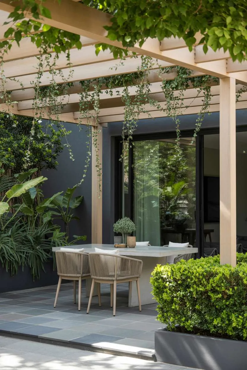 Dark cedar pergola with purple wisteria over modern sectional sofa on stone patio