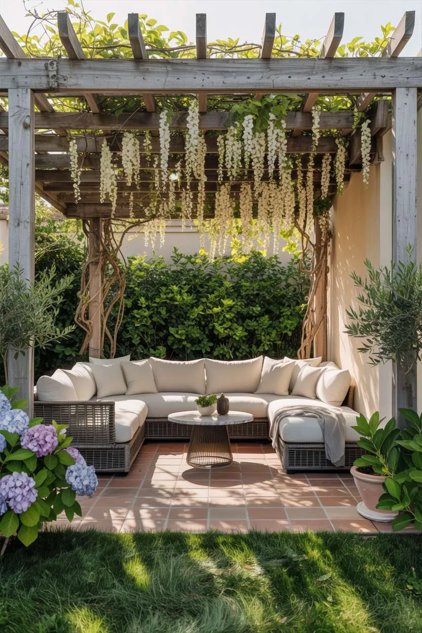 Light wood pergola with concrete dining table and woven chairs on slate patio