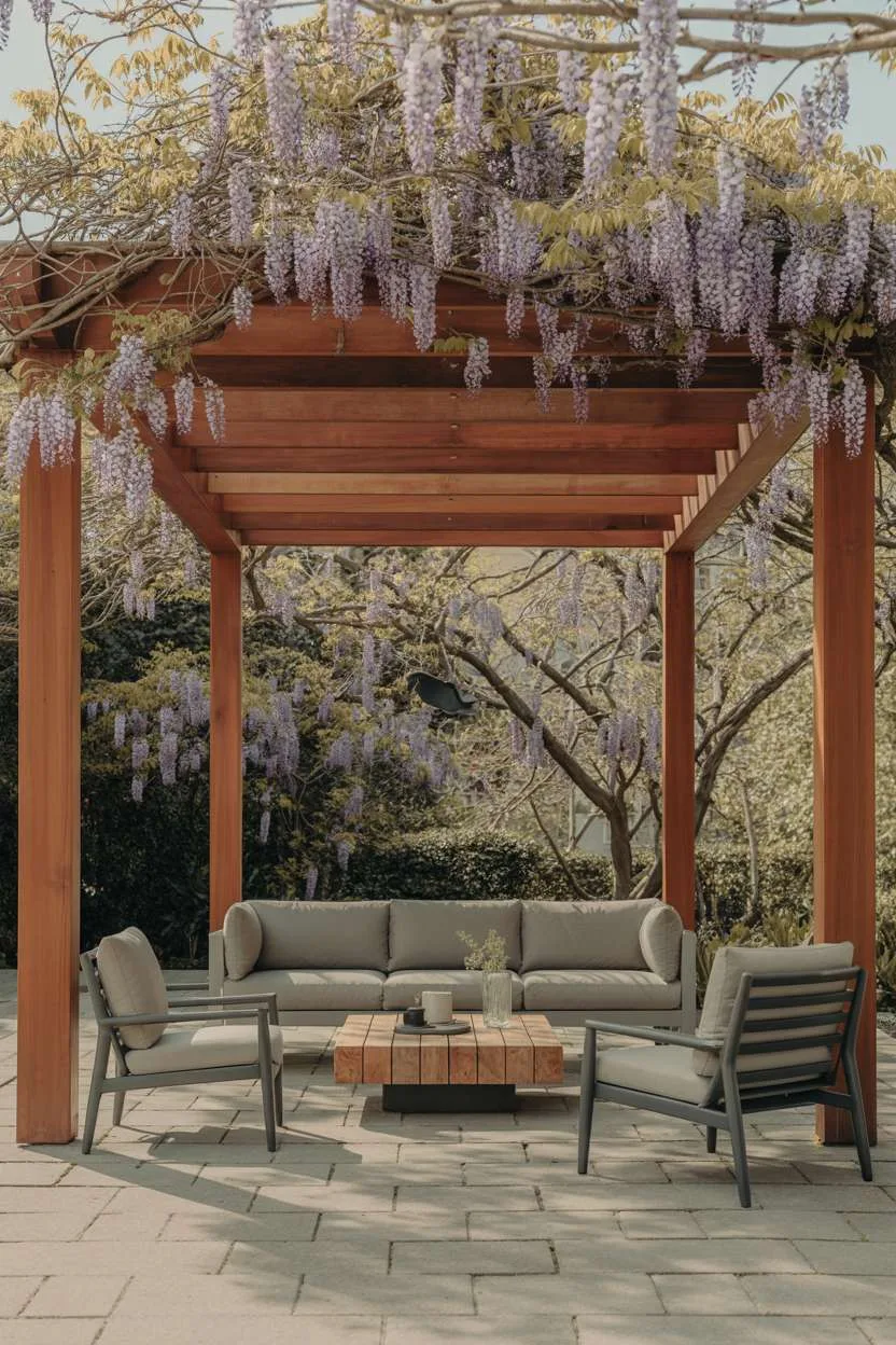 Modern pergola with sectional sofa and fire pit on large stone tile patio