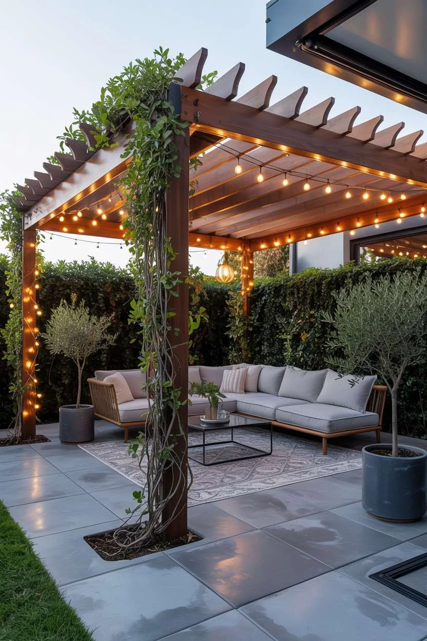 Circular concrete fire pit surrounded by low lounge chairs with olive trees